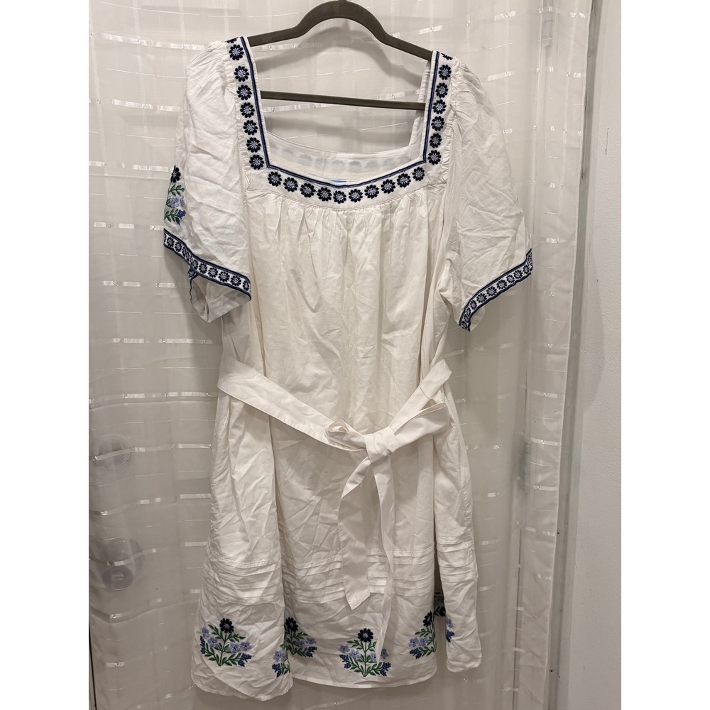 Draper James White Floral Embroidered Square Neck Belted Cotton Dress 2X